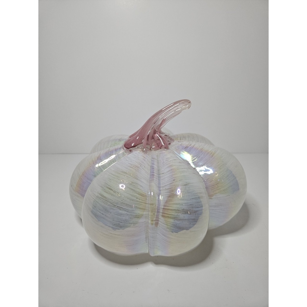Large 8in Blown Glass Pumpkin Pink White Iridescent Glitter Paperweight Art